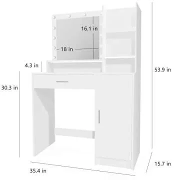 Palimder Vanity Desk with Mirror and Light, Large Drawer and Three Level Storage Dresser, 3 Lighting Modes Adjustable Brightness, Bedroom Dressing Table (White)