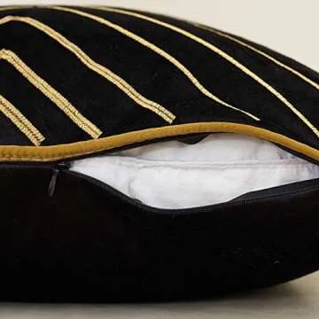 Avigers Black Gold Striped Embroidery Velvet Cushion Case