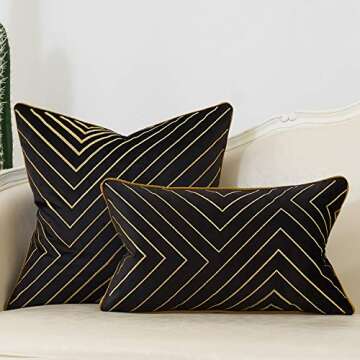 Avigers Black Gold Striped Embroidery Velvet Cushion Case