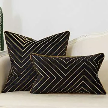 Avigers Black Gold Striped Embroidery Velvet Cushion Case