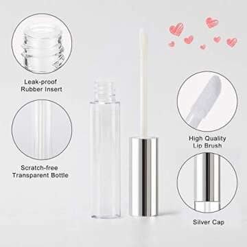 GTHER 10PCS 10ML Empty Lip Gloss Containers Tube with Wand, Refillable Lip Balm Bottles, Lipstick Sample Container and Funnel and Rubber Stoppers for Girls DIY Lip Samples, Silver Top