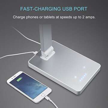 PHIVE Dimmable LED Desk Lamp with Fast Charging USB Port, Touch Control, 8-Level Dimmer, 4 Lighting Modes, Aluminum Body, Eye-Care LED Table Lamp for Bedroom/Reading/Study (Silver)