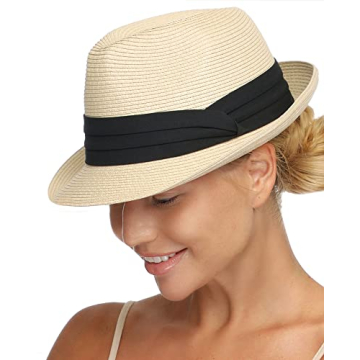FURTALK Fedora Straw Sun Hat UPF 50+ Foldable Adjustable