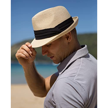 FURTALK Fedora Straw Sun Hat UPF 50+ Foldable Adjustable