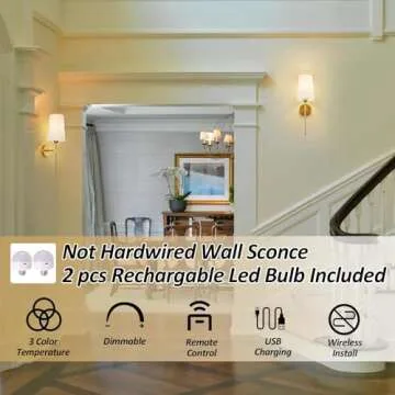 CCKZQYR Battery Operated Wall Sconces, Wall Sconces Sets of 2, Rechargeable Wall Lights, with Remote Control Dimmable Detachable Bulb, Suitable for Bedroom Living Room Corridor Kitchen