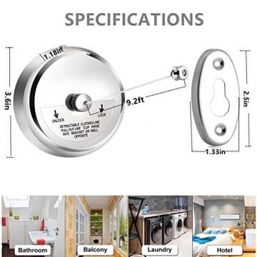 Retractable Clothesline, JIMSUMM 304 Stainless Steel Shower Clothesline, 9.2ft Adjustable Laundry St...