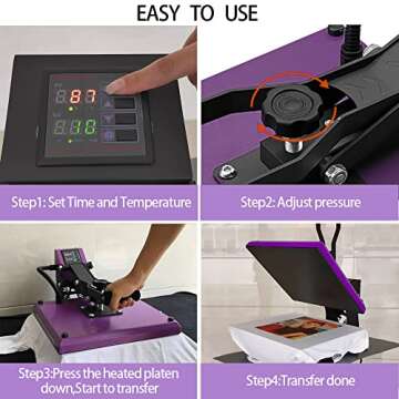 Heat Press Machine 15 x 15 Inch Clamshell Heat Press Digital Heat Transfer Machine Power Press Sublimation T-Shirts Heat Press for Small Business and Domestic Settings,Purple
