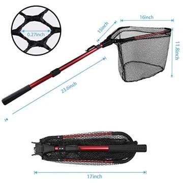 YVLEEN Folding Fishing Net - Foldable Fish Landing Net Robust Aluminum Telescopic Pole Handle and Nylon Mesh 16inch Hoop Size