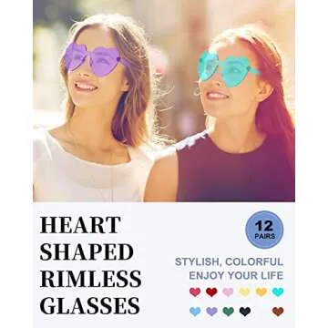 Dllween Heart Sunglasses for Women, 12 Pairs Fun Trendy Rimless Heart Glasses Bulk, Transparent Candy Colored Heart Shaped Sunglasses for Party Favor