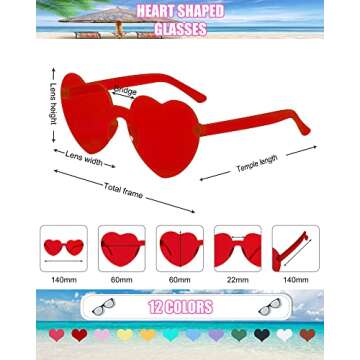 Dllween Heart Sunglasses for Women, 12 Pairs Fun Trendy Rimless Heart Glasses Bulk, Transparent Candy Colored Heart Shaped Sunglasses for Party Favor