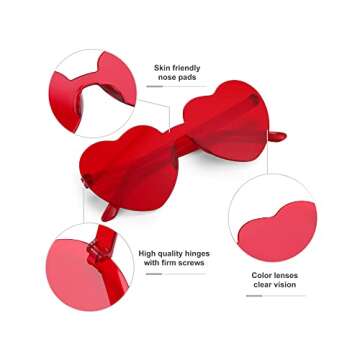 Dllween Heart Sunglasses for Women, 12 Pairs Fun Trendy Rimless Heart Glasses Bulk, Transparent Candy Colored Heart Shaped Sunglasses for Party Favor