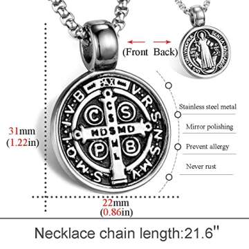 AZFVBQL St Benedict Exorcism Medal Pendant Necklace - Stainless Steel Religious Jewelry