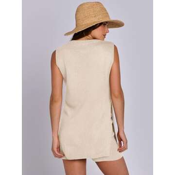 ANRABESS Women Summer 2 Piece Outfits Sleeveless Knit Sweater Top & Shorts Soft Lounge Sets Travel Beach 2025 Spring Clothes Beige Medium