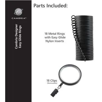 Cambria® Designer Series - Premium Easy Glide 18 Count Curtain Rings - Metal with Smooth, Quiet Nylon Inserts with Clips - 2 inch Diameter (1-5/8 inch Inside Diameter) - Brushed Gold