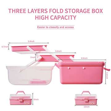 TERGOO 12in Three-Layer Multipurpose Storage Box, Folding Tool Box/Art & Crafts Case/Sewing Supplies Organizer/Medicine Box/Family First Aid Box with 2 Trays (Pink)