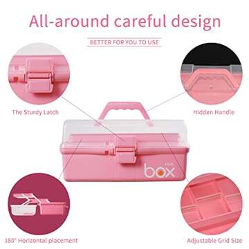 TERGOO 12in Three-Layer Multipurpose Storage Box, Folding Tool Box/Art & Crafts Case/Sewing Supplies Organizer/Medicine Box/Family First Aid Box with 2 Trays (Pink)