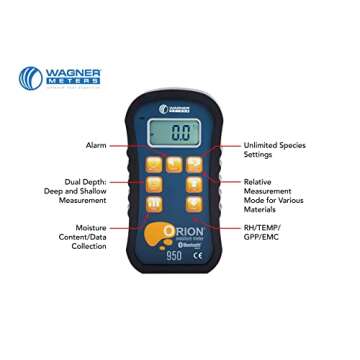 Orion 950® Pinless Wood Moisture Meter by Wagner Meters I Accurate, Non-Damaging, Dual Depth Lumber Moisture Measurement, Bluetooth, Auto EMC, GPP/GPK & Dew Point Calculations (Standard Calibrator)