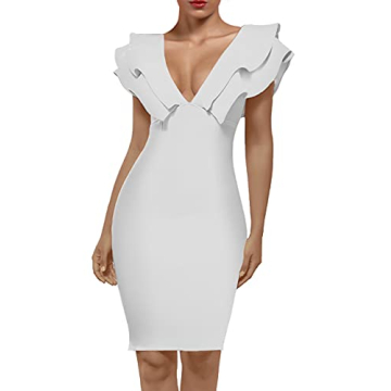 UONBOX Women's Ruffle Short Sleeve Plunge V Neck Bodycon Dress with Back Split