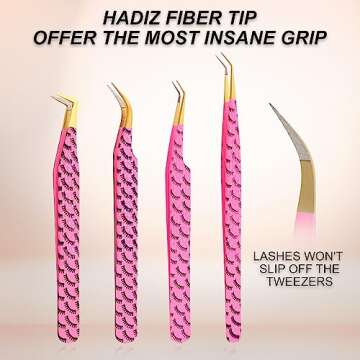 HADIZ Fiber Tip Tweezers Set of 4 Diamond Grip Eyelash Extensions Tweezers Japanese Stainless steel ...
