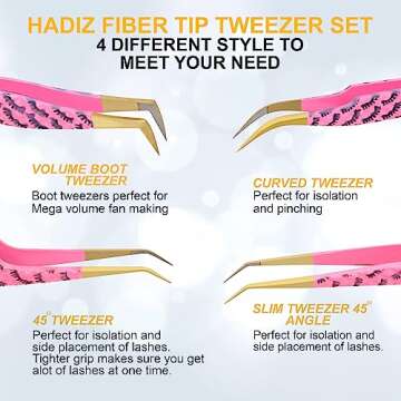 HADIZ Fiber Tip Tweezers Set of 4 Diamond Grip Eyelash Extensions Tweezers Japanese Stainless steel Lash Tweezer (Pink)