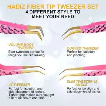 HADIZ Fiber Tip Tweezers Set of 4 Diamond Grip Eyelash Extensions Tweezers Japanese Stainless steel Lash Tweezer (Pink)