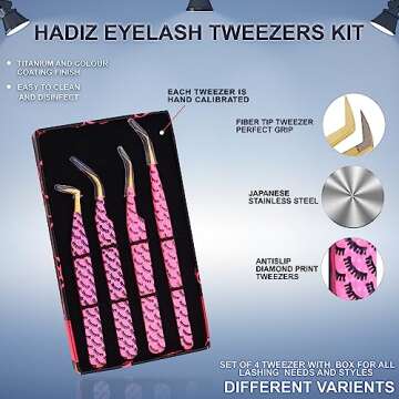 HADIZ Fiber Tip Tweezers Set of 4 Diamond Grip Eyelash Extensions Tweezers Japanese Stainless steel Lash Tweezer (Pink)
