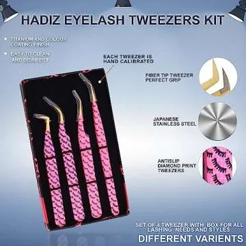 HADIZ Fiber Tip Tweezers Set of 4 Diamond Grip Eyelash Extensions Tweezers Japanese Stainless steel Lash Tweezer (Pink)
