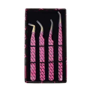 HADIZ Fiber Tip Tweezers Set of 4 Diamond Grip Eyelash Extensions Tweezers Japanese Stainless steel Lash Tweezer (Pink)
