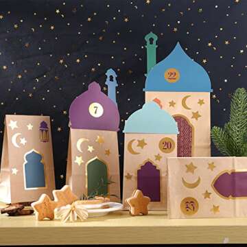 KESOTE 30CT Eid Mubarak Gift Bags Treat Bags with Moon & Star Stickers, Ramadan Countdown Advent Calendar DIY Brown Paper Bags
