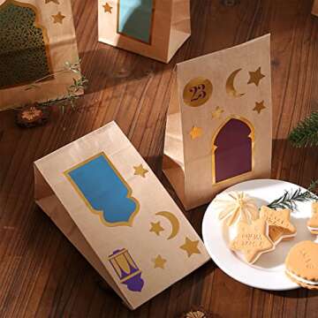 KESOTE 30CT Eid Mubarak Gift Bags Treat Bags with Moon & Star Stickers, Ramadan Countdown Advent Calendar DIY Brown Paper Bags