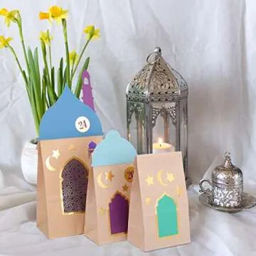 KESOTE 30CT Eid Mubarak Gift Bags Treat Bags with Moon & Star Stickers, Ramadan Countdown Advent Calendar DIY Brown Paper Bags