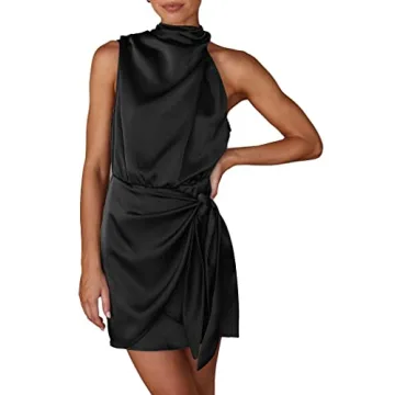 PRETTYGARDEN Women's Short Formal Satin Dress - Mock Neck Tie Waist Cocktail Dress (Black, Large)