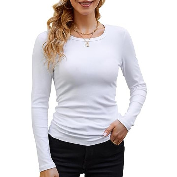 GEMBERA Women's Long Sleeve Ribbed Crewneck Knit Tops Perfect for Layering and Everyday Style