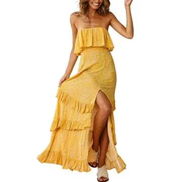 Zattcas Womens Dresses Summer Casual Sundress Strapless Boho Maxi Long Dress Yellow X-Small