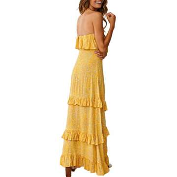 Zattcas Womens Dresses Summer Casual Sundress Strapless Boho Maxi Long Dress Yellow X-Small