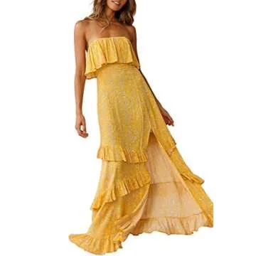 Zattcas Womens Dresses Summer Casual Sundress Strapless Boho Maxi Long Dress Yellow X-Small