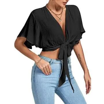 LYANER Women's Deep V Neck Tie Front Knot Wrap Ruffle Short Sleeeve Crop Top Blouse Black Small