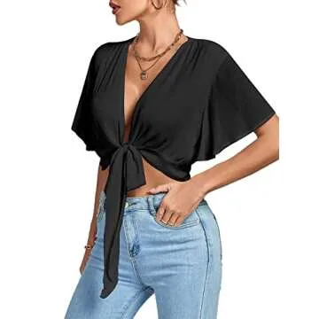LYANER Women's Deep V Neck Tie Front Knot Wrap Ruffle Short Sleeeve Crop Top Blouse Black Small