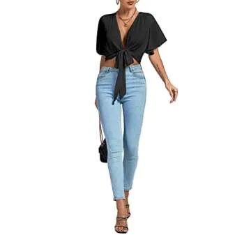 LYANER Women's Deep V Neck Tie Front Knot Wrap Ruffle Short Sleeeve Crop Top Blouse Black Small