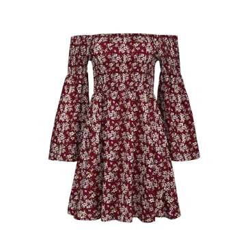ONEYIM Women's Dress Summer Floral Long Sleeve Off Shoulder Casual Mini Dresses(Maroon, Small)