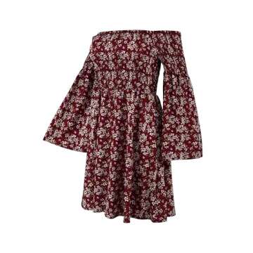 ONEYIM Women's Dress Summer Floral Long Sleeve Off Shoulder Casual Mini Dresses(Maroon, Small)