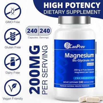 CanPrev Magnesium BisGlycinate Gentle 200mg, 240 v-Caps 240-Day Supply - Pure Elemental Magnesium Supplement, Supports Bone and Muscle Function, Gentle on Stomach, Perfect for Daily Magnesium Needs