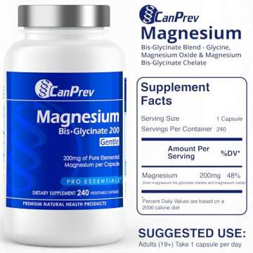CanPrev Magnesium BisGlycinate Gentle 200mg, 240 v-Caps 240-Day Supply - Pure Elemental Magnesium Supplement, Supports Bone and Muscle Function, Gentle on Stomach, Perfect for Daily Magnesium Needs