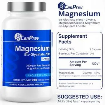 CanPrev Magnesium BisGlycinate Gentle 200mg, 240 v-Caps 240-Day Supply - Pure Elemental Magnesium Supplement, Supports Bone and Muscle Function, Gentle on Stomach, Perfect for Daily Magnesium Needs