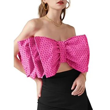 LYANER Women's Sexy Layer Bow Tie Tube Crop Top Sleeveless Strapless Print Party Fluffy Tank Top Rose Small