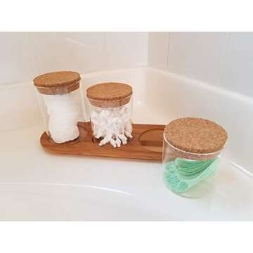 SplashSoup Glass Jar Set on Bamboo Tray, Natural Cork Lids, Bath Item Qtip Cotton Ball Canisters, Seasonal Display Decor, Centerpiece