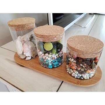 SplashSoup Glass Jar Set on Bamboo Tray, Natural Cork Lids, Bath Item Qtip Cotton Ball Canisters, Seasonal Display Decor, Centerpiece