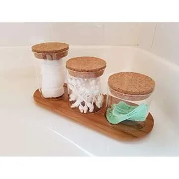SplashSoup Glass Jar Set on Bamboo Tray, Natural Cork Lids, Bath Item Qtip Cotton Ball Canisters, Seasonal Display Decor, Centerpiece