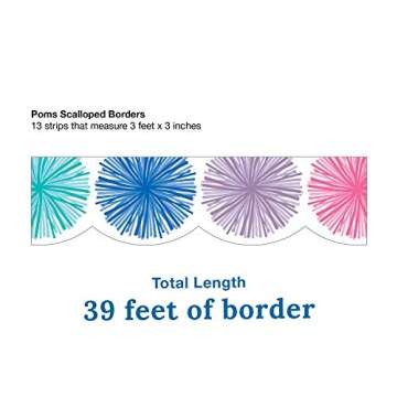 Schoolgirl Style Hello Sunshine Pom Rainbow Bulletin Board Borders, 39 Feet of Scalloped Pom Classroom Borders for Bulletin Board, White Board, Cork Board, Locker Decor, Desk Decor and Classroom Decor