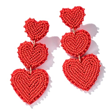 Beaded Heart Shaped Earrings - Handmade Statement Heart Dangle Earrings Gift for Valentine's Day and...